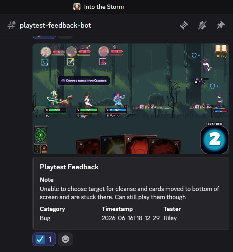Discord playtest feedback message showing a combat screenshot and a bug report about cards becoming stuck at the bottom of the screen